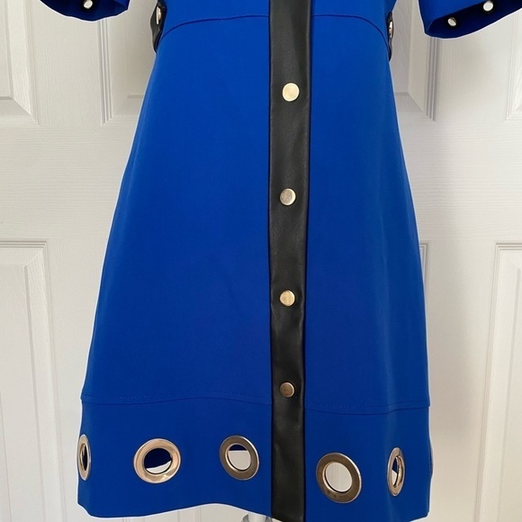 Karen Millen- NWT Blue Stretch Mini Dress w Silver Ring Cutout and Leather Trim - Picture 10 of 13